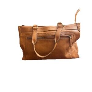 Fossil X-Large Tan Brown Leather Satchel Tote Shoulder Handbag